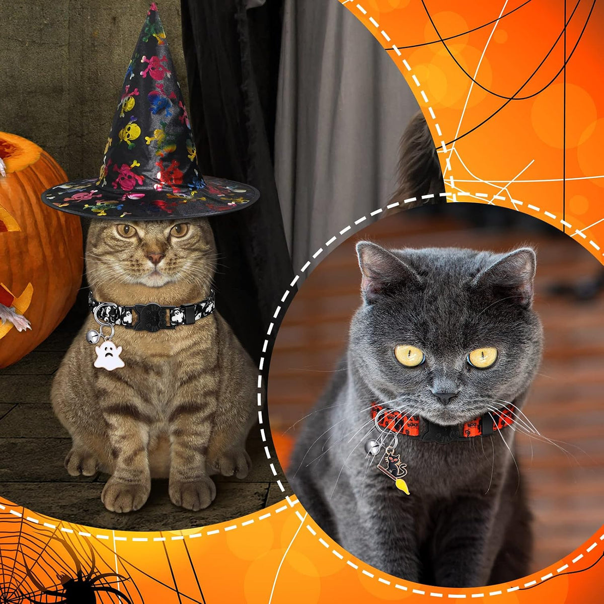 Sanwuta 8 Pcs Halloween Cat Collars Breakaway with Bell, Adjustable Buckle