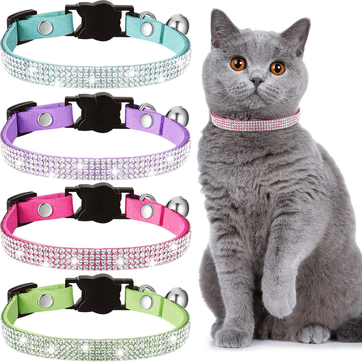 Weewooday 4 Pieces Rhinestones Cat Collars Breakaway Cat Collar with Bell Bling Pet Accessories with Soft Velvet, 4 Colors(XS,Purple, Blue, Gold, Pink)