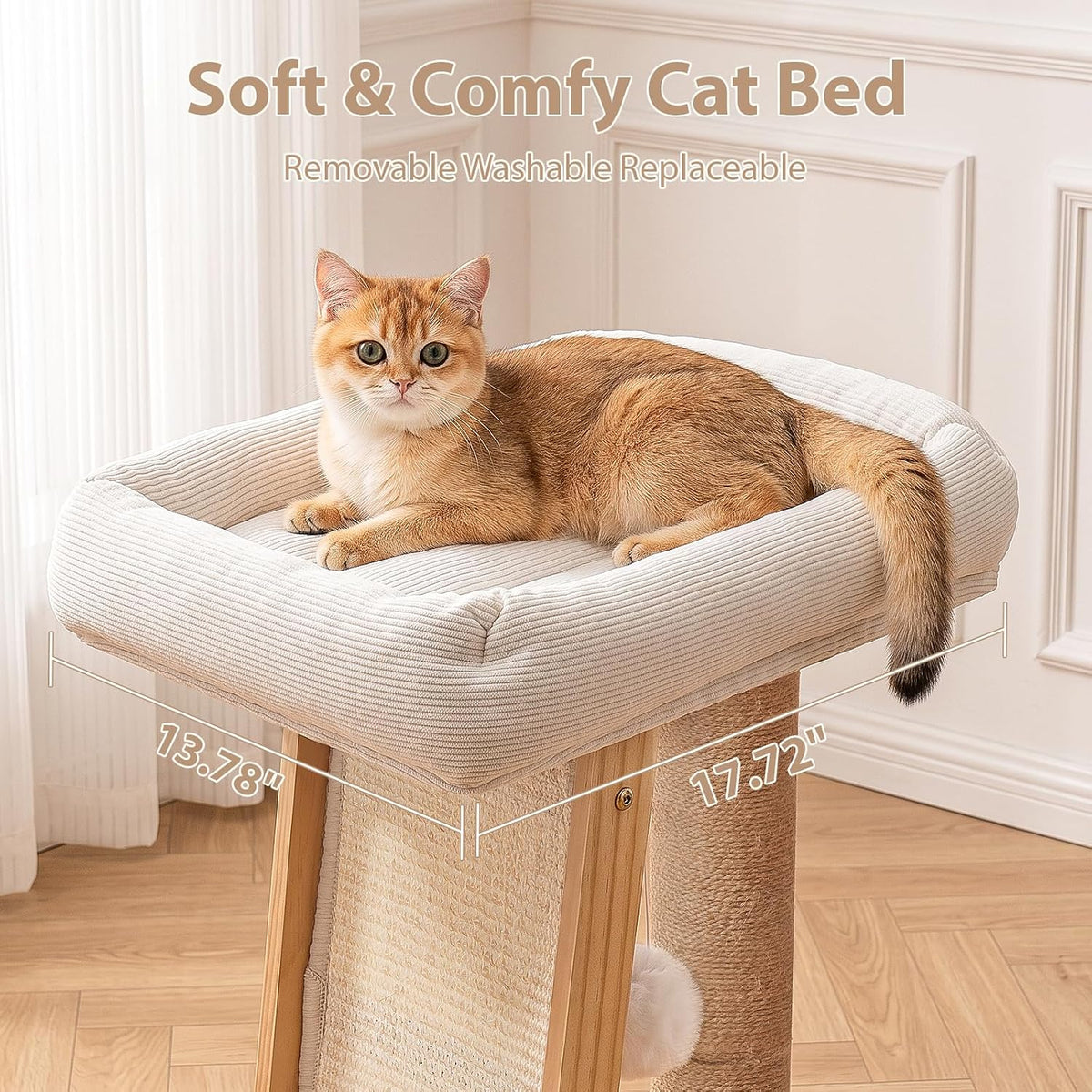 27.5" 3-in-1 Natural Pine Wood Cat Scratching Post for Small Medium Cats