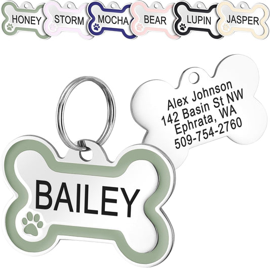 GoTags Stainless Steel Bone Dog Tag with Color Outline and Paw Print