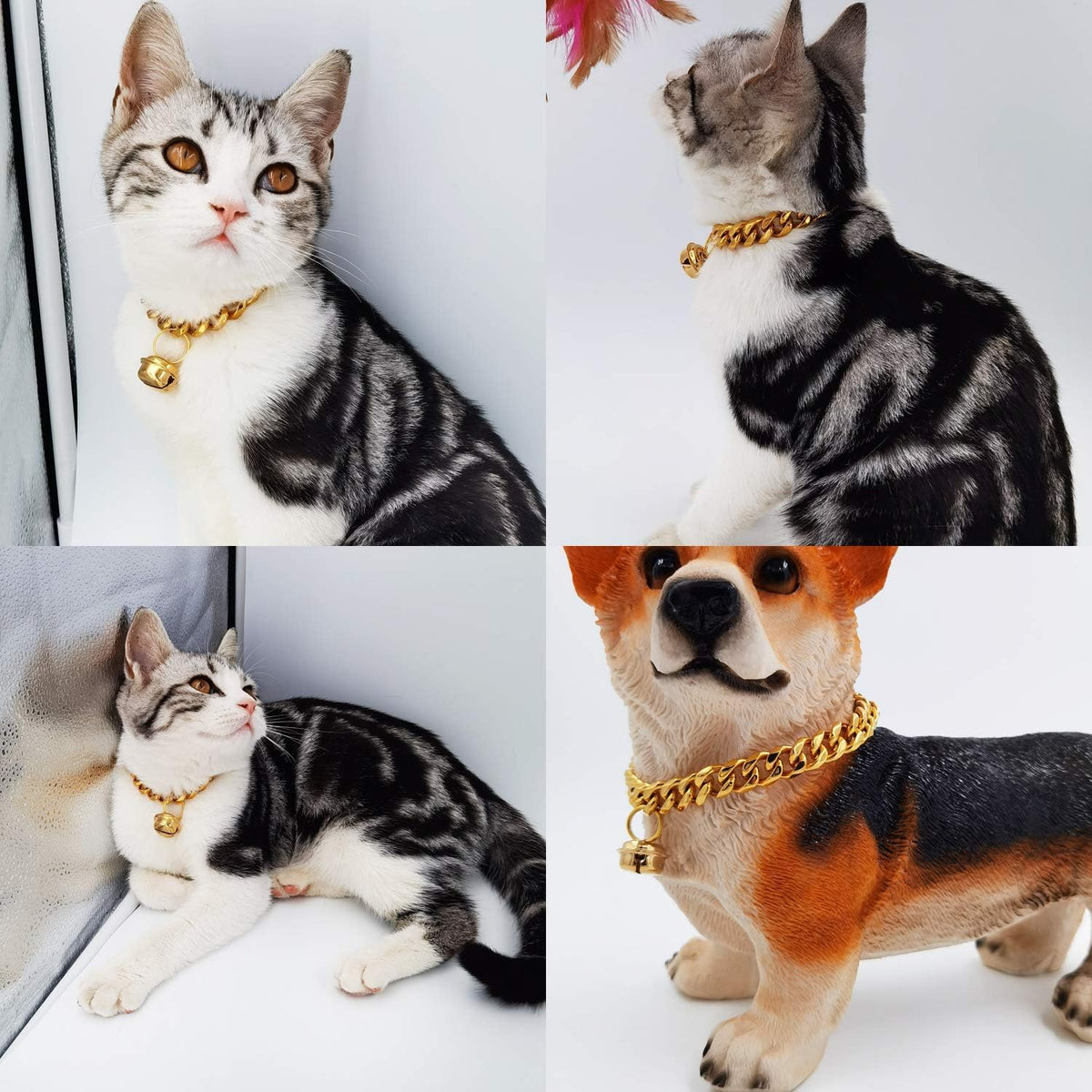 18K Gold Cat Dog Collar Kitten Puppy 1/2inch Wide Stainless Steel Kitten Choker Curb Chew Proof Cuban Link Chain with Gold Bell(Neck Fit 8"-10")
