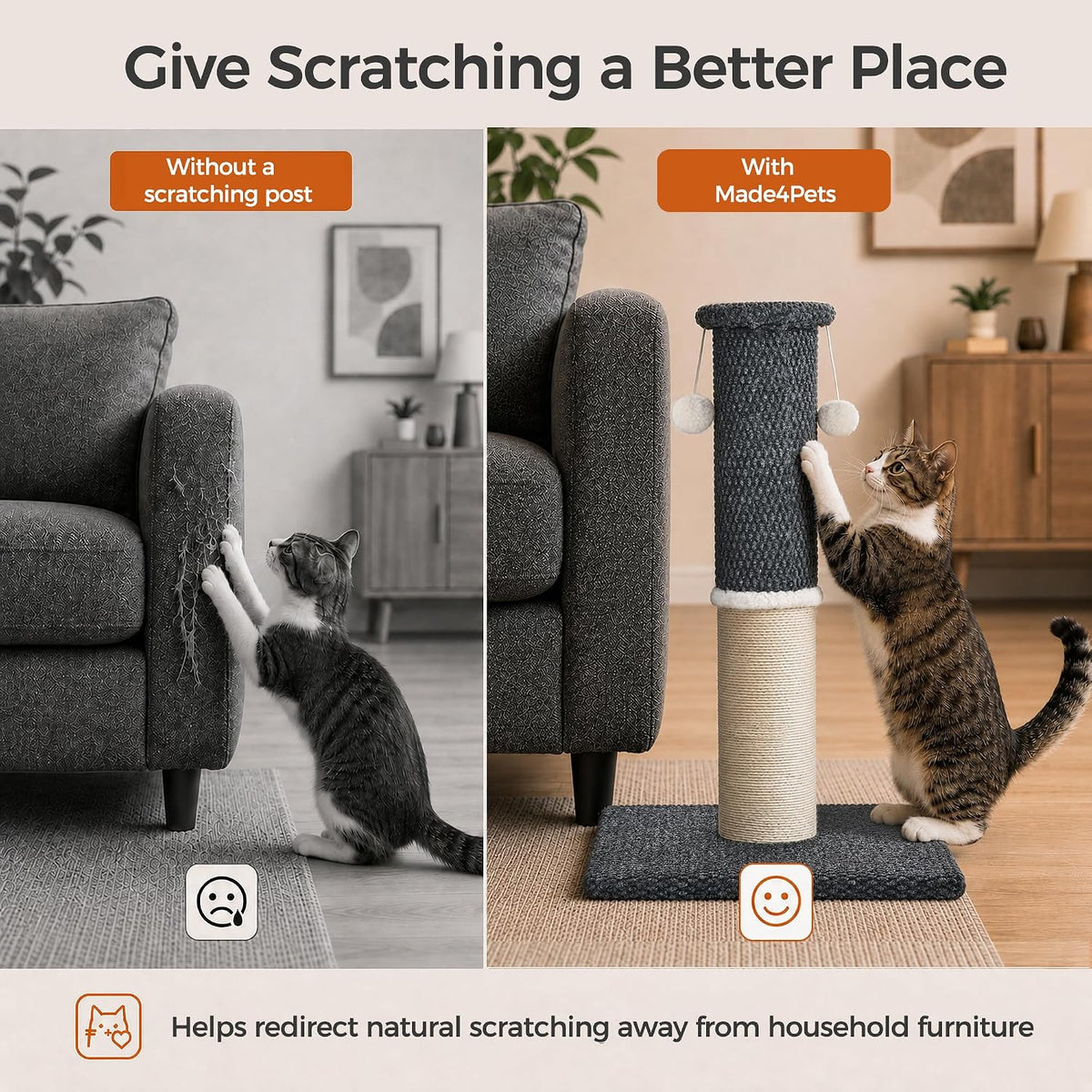 Made4Pets Tall Cat Scratching Post with Sisal & Carpet for Indoor Cats, 33"