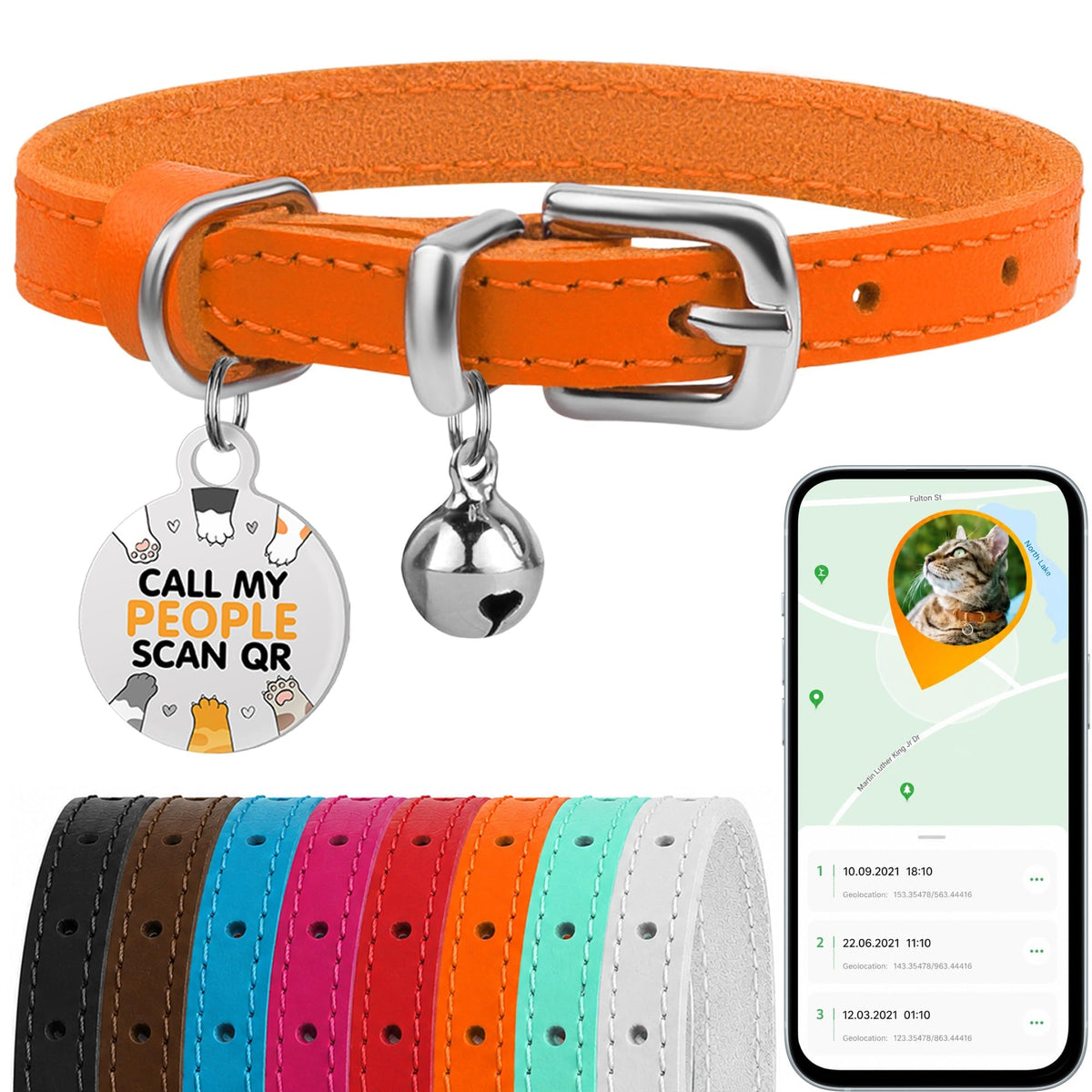 Leather Cat Collar, Removable Bells, QR Tag (9-12", Black & Gold)