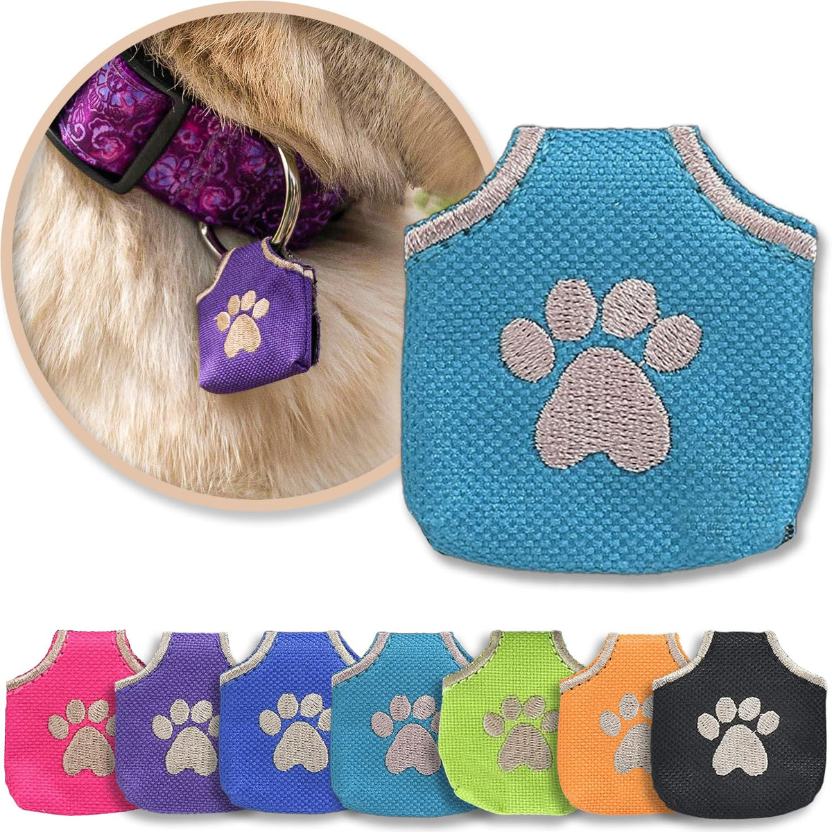 Woofhoof Dog Tag Silencer, Blue Pawprint - Quiet Noisy Pet Tags - Fits Up to Four Pet IDs - Dog Tag Cover Protects Metal Pets IDs, Made of Durable Nylon, Universal Fit, Machine Washable