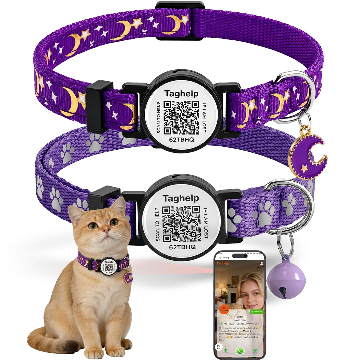 2 Pack Airtag Cat Collar, Breakaway Cat Airtag with Smart ID tag & QR Code Reflective (Moon Stars - Black & Pink, with Integrated AirTag Holder)