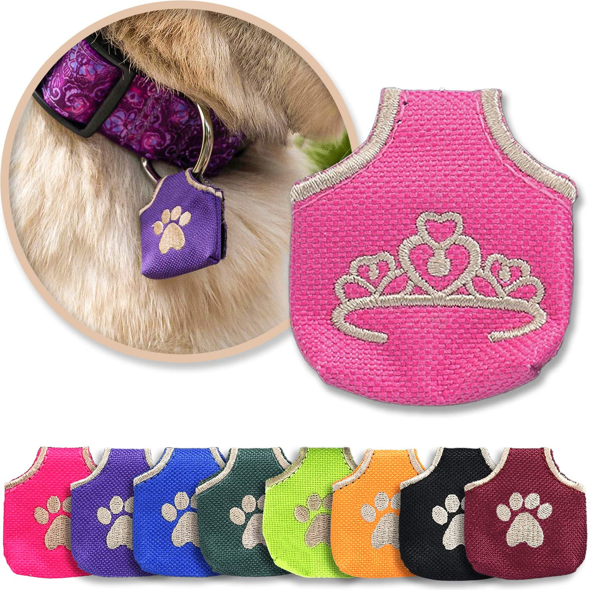 Woofhoof Dog Tag Silencer, Blue Pawprint - Quiet Noisy Pet Tags - Fits Up to Four Pet IDs - Dog Tag Cover Protects Metal Pets IDs, Made of Durable Nylon, Universal Fit, Machine Washable
