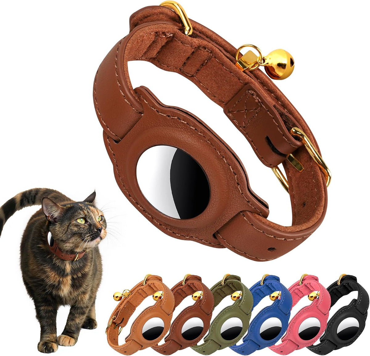 AirTag Cat Collar with Bell & Fabric Liner - Pet Collar Leather Cat Collar - Non Breakaway Leather Kitten Collar with AirTag Holder - GPS Cat Collars for Boy Cats, Girl Cats (Brown)