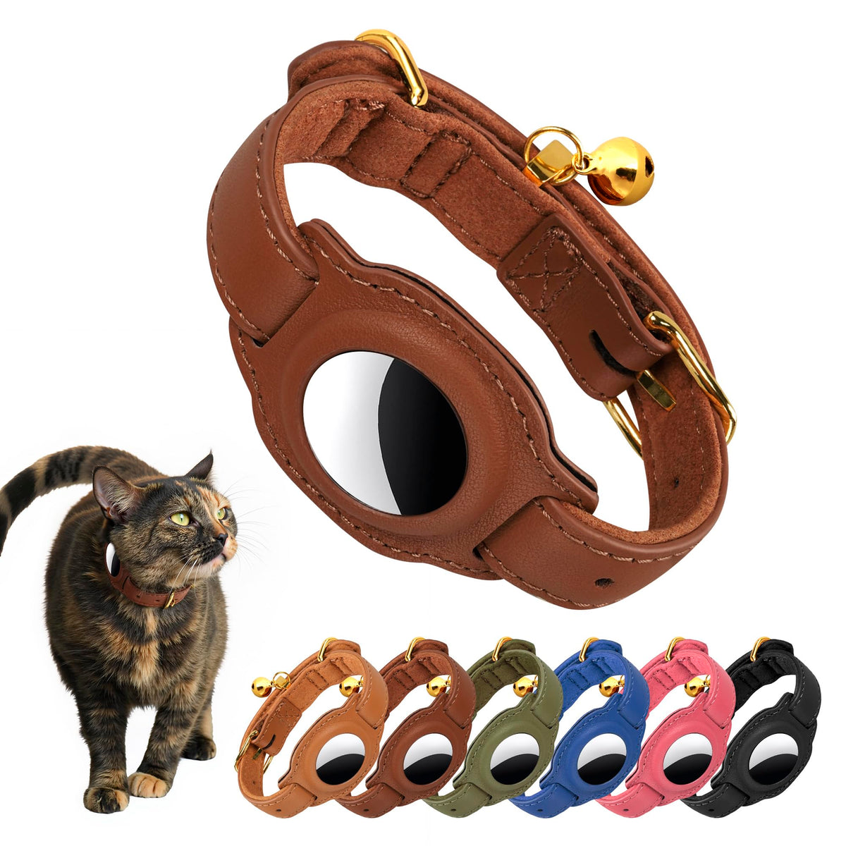 AirTag Cat Collar with Bell & Fabric Liner - Pet Collar Leather Cat Collar - Non Breakaway Leather Kitten Collar with AirTag Holder - GPS Cat Collars for Boy Cats, Girl Cats (Brown)