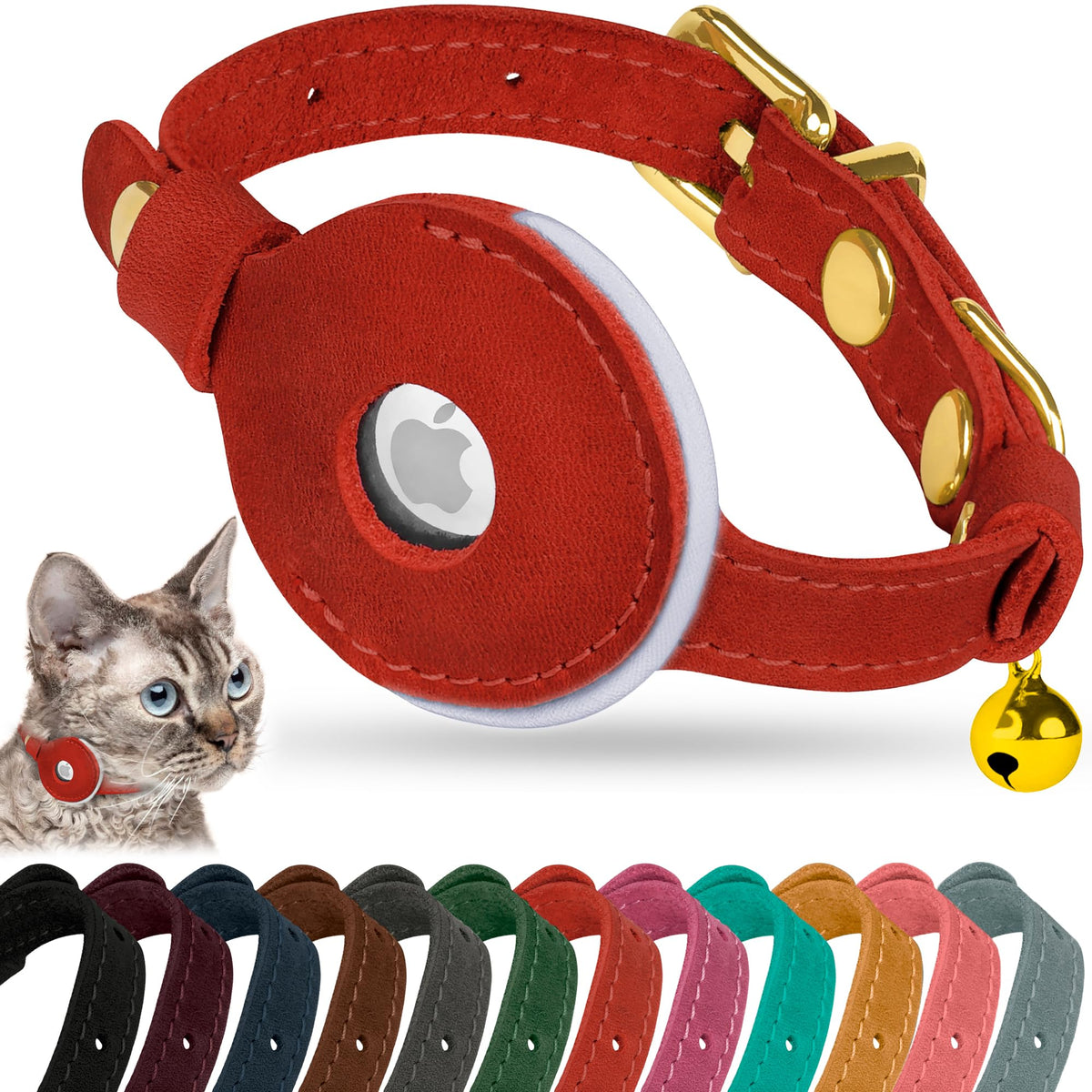 OOPSDOGGY Reflective Leather AirTag Cat Collar with Bell - Non Breakaway Adjustable Pet Collar with Apple Air Tag Holder - Lightweight GPS Kitten Collars for Small Dogs Puppy (Teal)