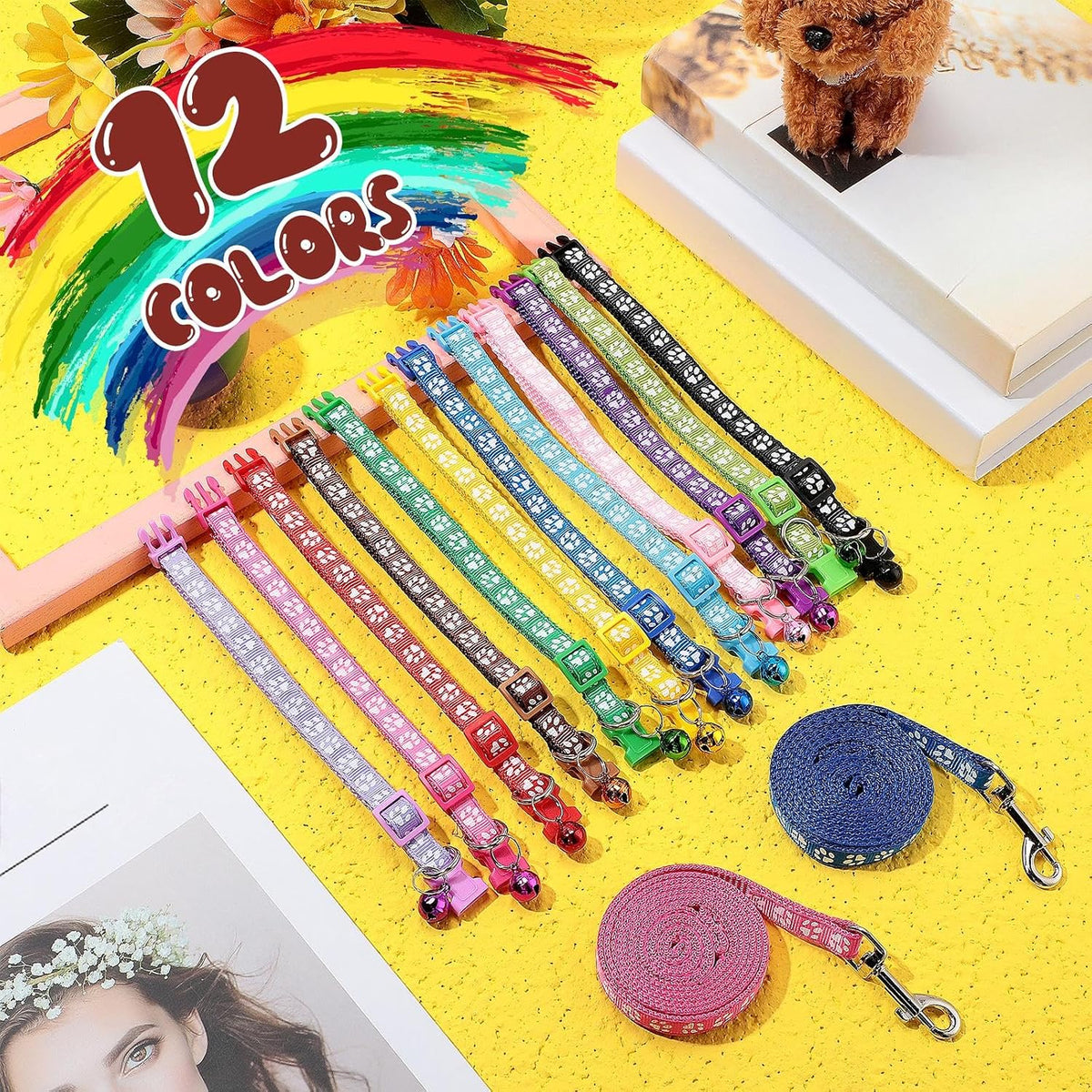 Amylove 48 Pcs Dog Collar and Leash Set, Multicolor, Paws Pattern