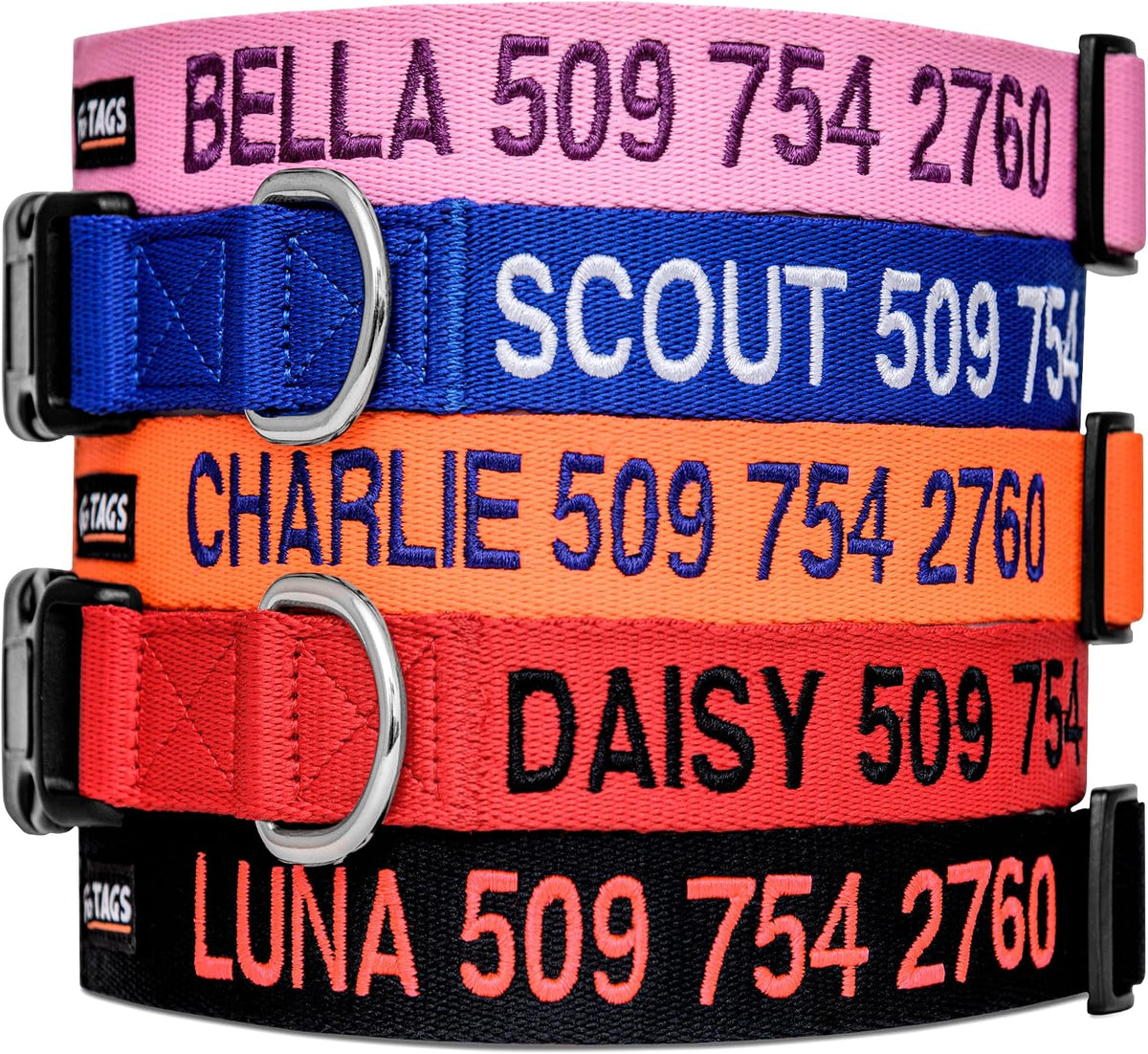 GoTags Personalized Dog Collar, Custom Embroidered with Pet Name and Number