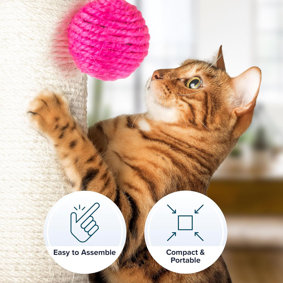 17-Inch Cat Scratching Post - Sisal Rope and Carpet Scratching Pole with Bright Pink Hanging Ball Toy for Adult Cats and Kittens by PETMAKER (Gray)