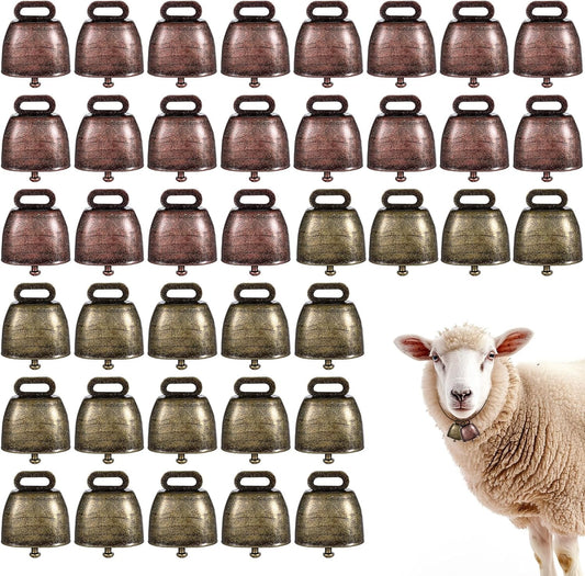 40 PCS Mini Cow Bells Bulk, Goat Bells for Collars, Antique Iron Metal Animal Copper Bell, Small Cowbell for Farm Pets Christmas Decor (20 Red Bronze, 20 Green Bronze)