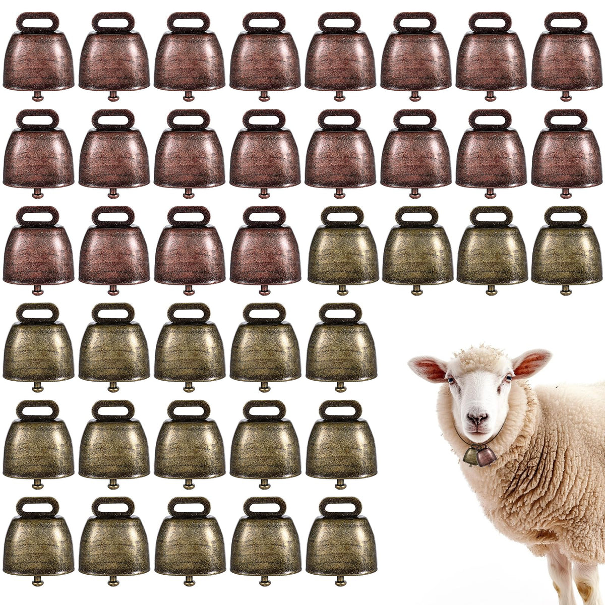 40 PCS Mini Cow Bells Bulk, Goat Bells for Collars, Antique Iron Metal Animal Copper Bell, Small Cowbell for Farm Pets Christmas Decor (20 Red Bronze, 20 Green Bronze)