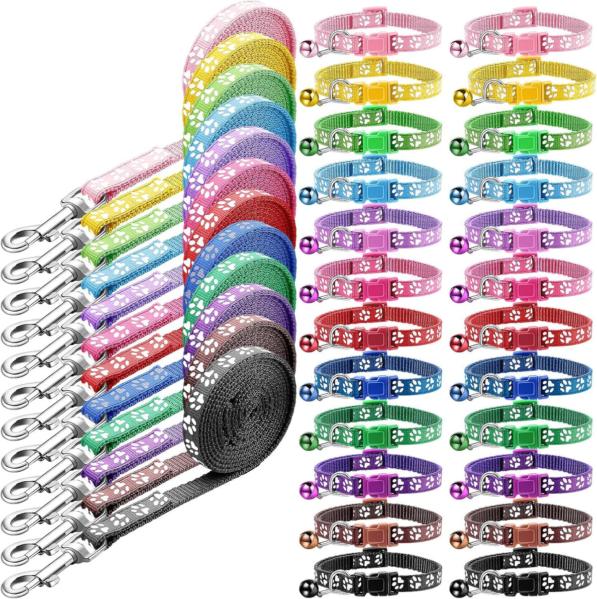 Amylove 48 Pcs Dog Collar and Leash Set, Multicolor, Paws Pattern