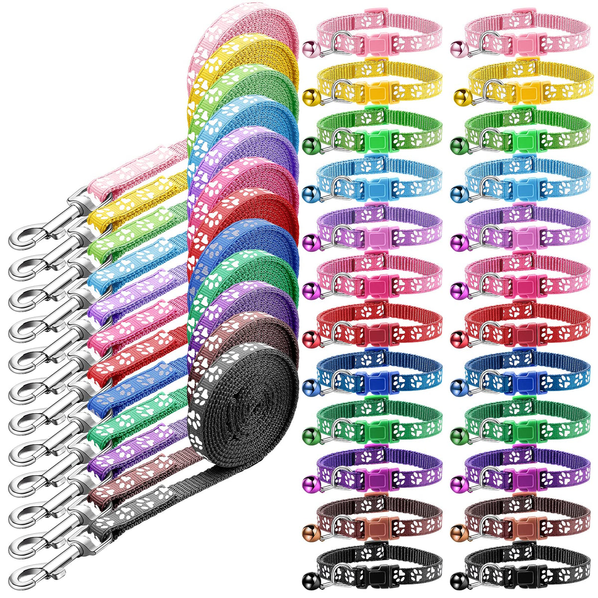 Amylove 48 Pcs Dog Collar and Leash Set, Multicolor, Paws Pattern